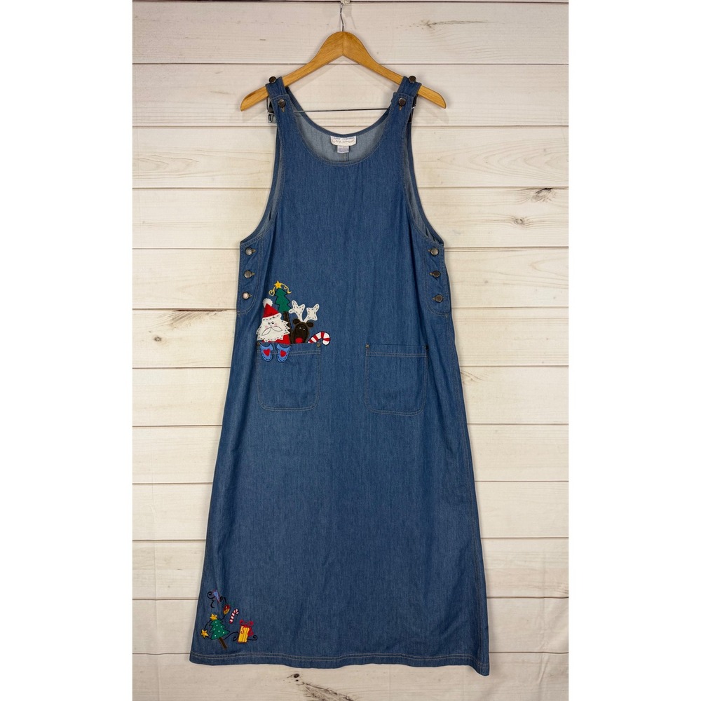 Casey Coleman Dress Womens L Blue Christmas Denim Jumper Embroidered Pockets